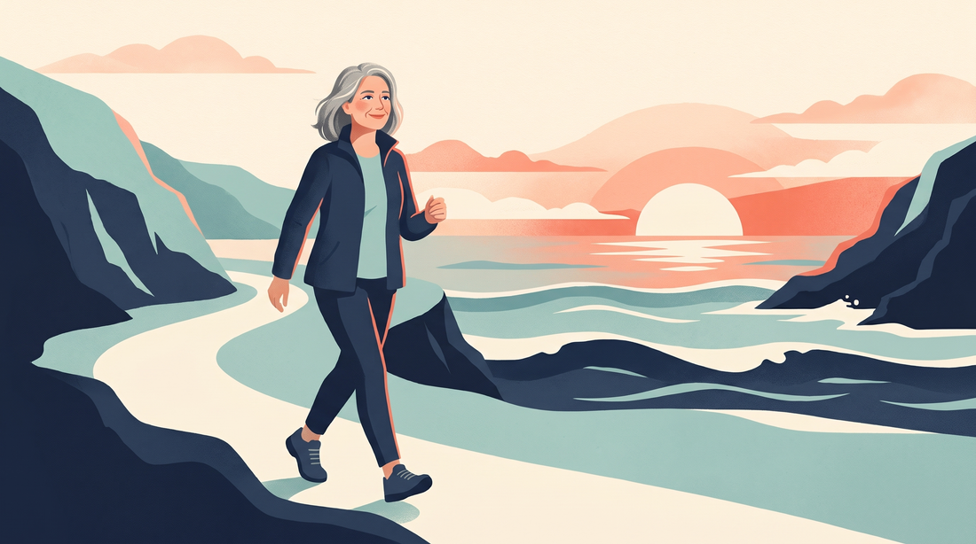 Woman walking along a coastal path at sunrise