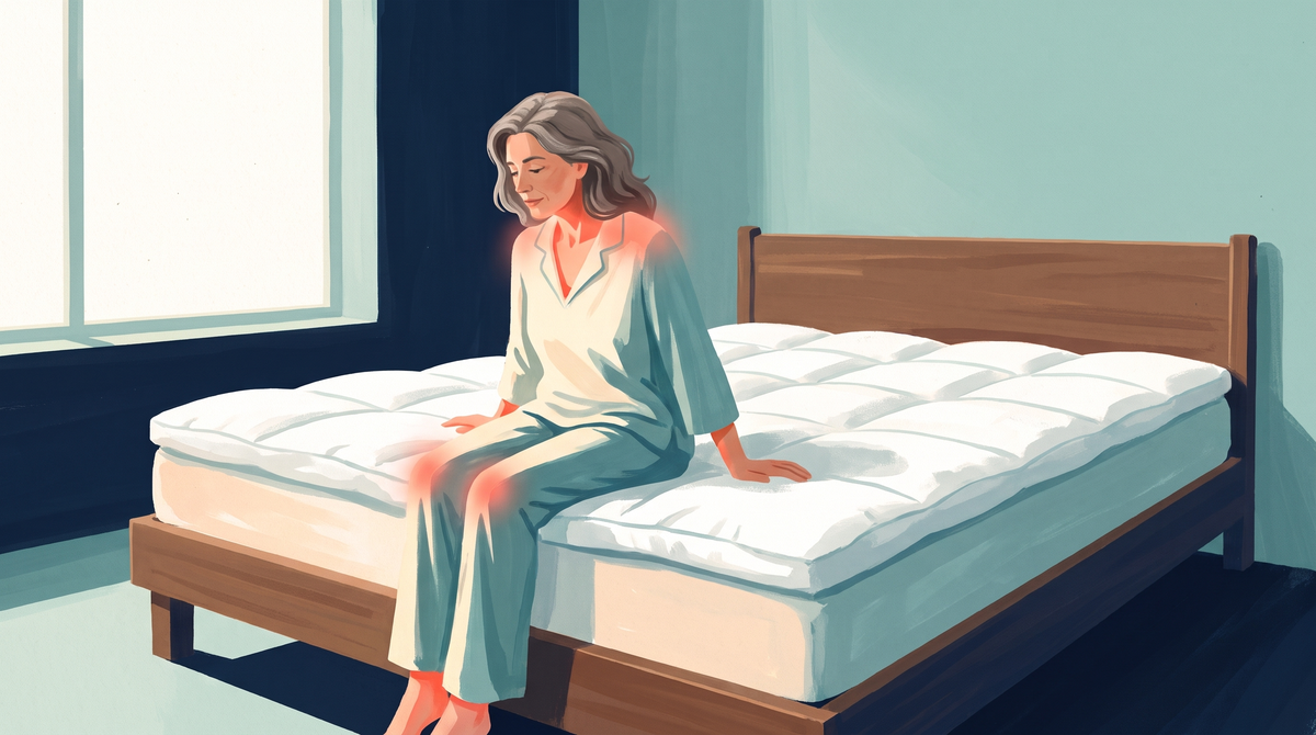 Woman sitting on the edge of her bed in the morning
