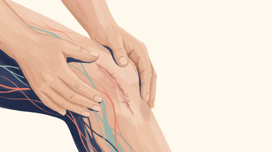 Hands gently massaging around a healed scar on a knee
