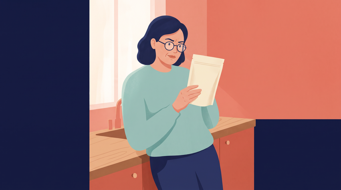 Woman in reading glasses checking the back of a supplement pouch