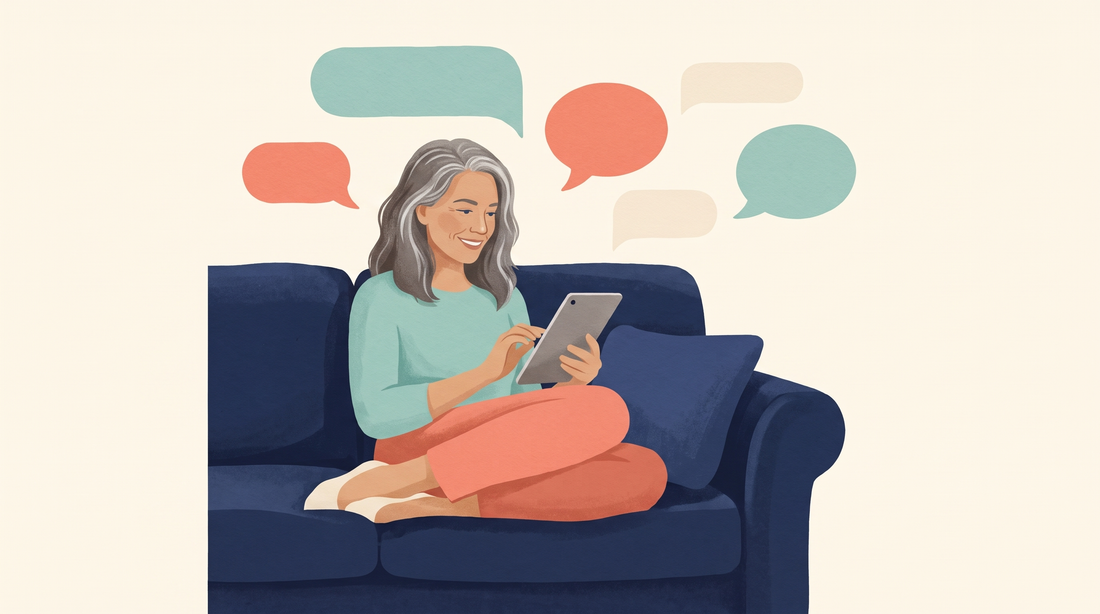 Woman on a sofa scrolling a tablet with speech bubbles around her