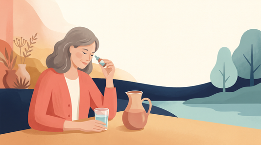 Woman putting in eye drops beside a glass of water
