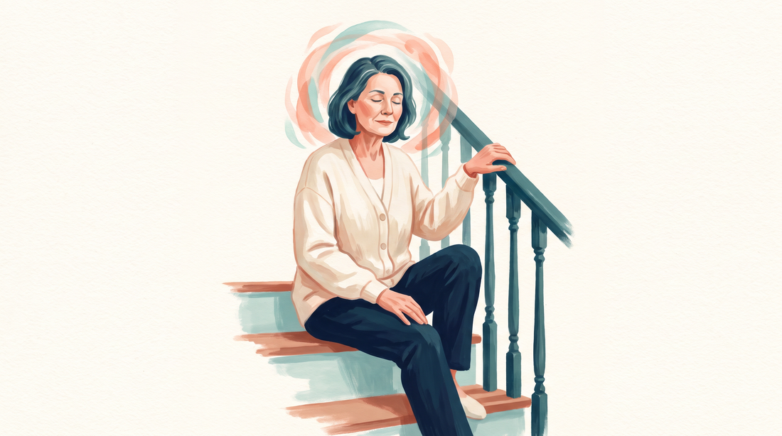 Woman sitting on a stair holding the banister, feeling lightheaded
