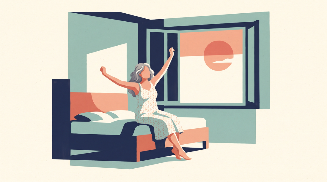 Woman stretching her arms overhead on her bed at sunrise