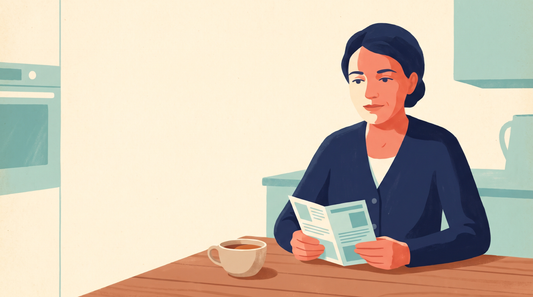 Woman reading a leaflet at a kitchen table with a cup of tea