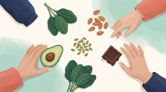 Spinach, almonds, pumpkin seeds, dark chocolate and avocado