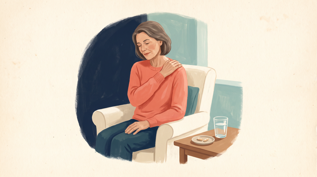 Woman rubbing her shoulder with water and capsules beside her