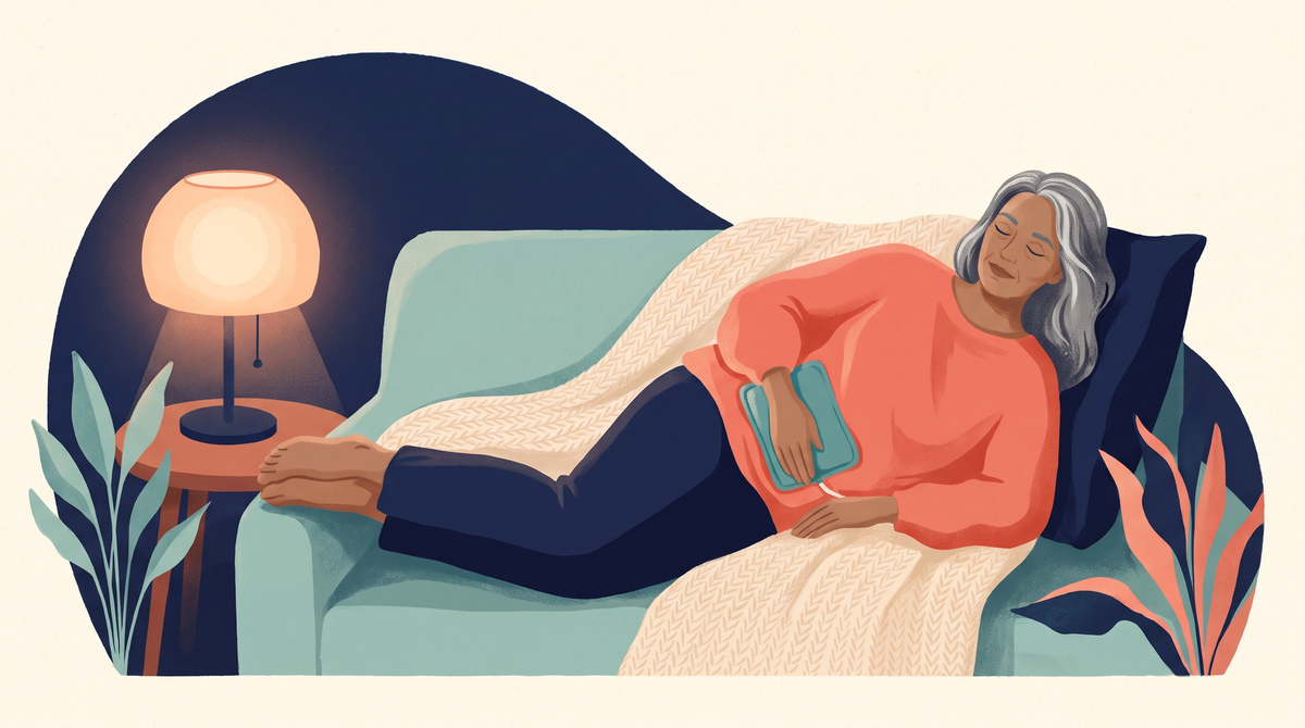 Woman resting on a sofa with a heat pad under a blanket