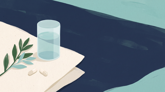 Two capsules on linen beside herbs and a glass of water