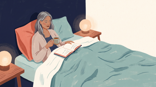 Woman resting in bed with a journal and a bedside lamp