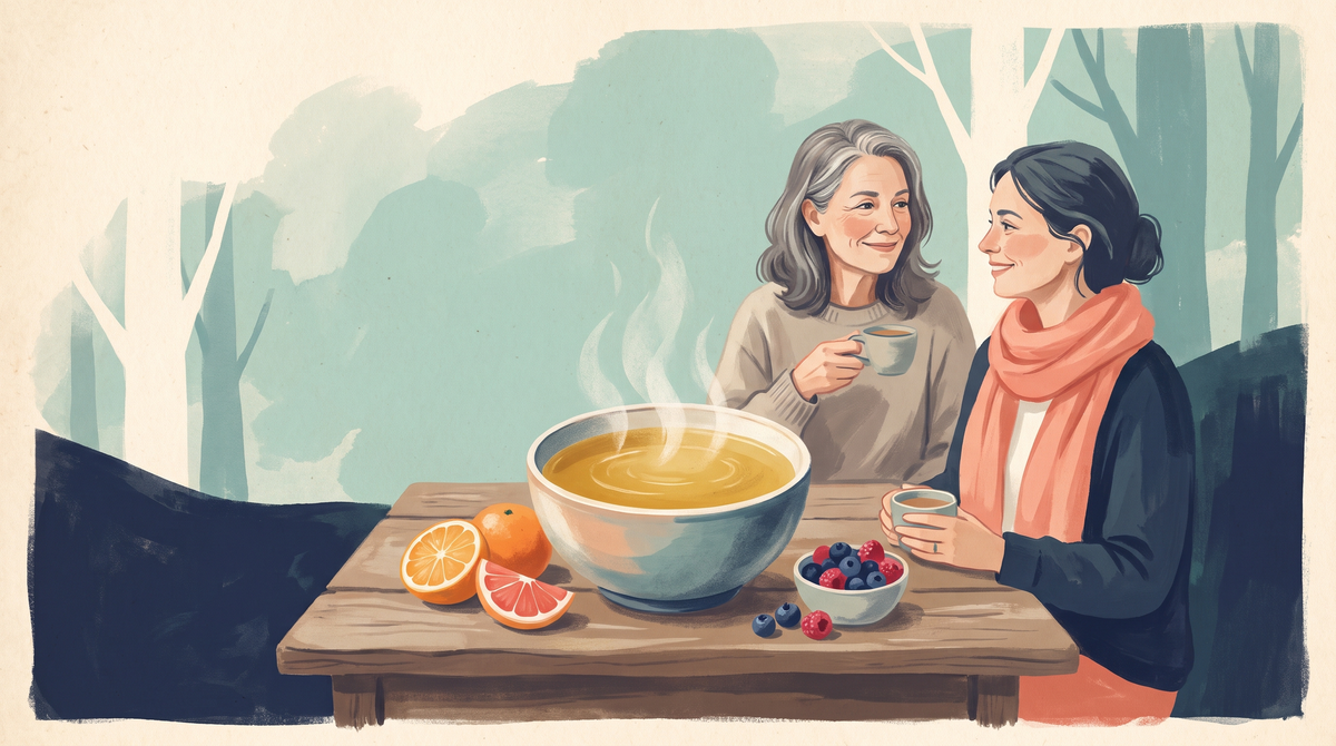 Bowl of bone broth with citrus and berries