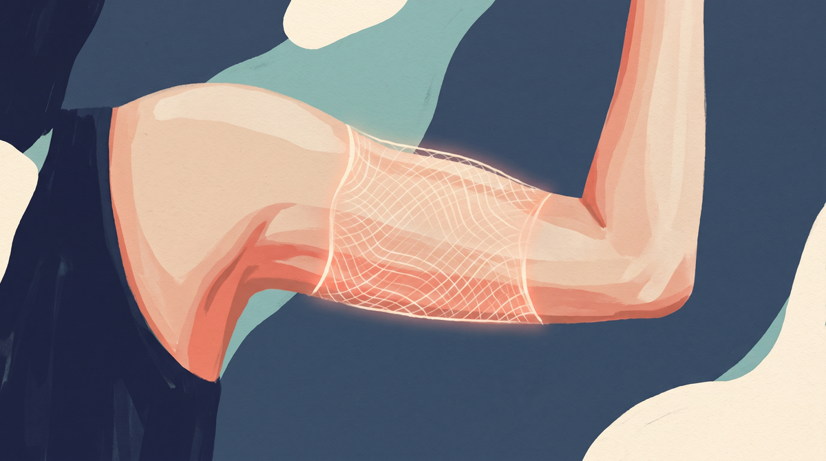A fine glowing web of fascia wrapping the muscles of the arm