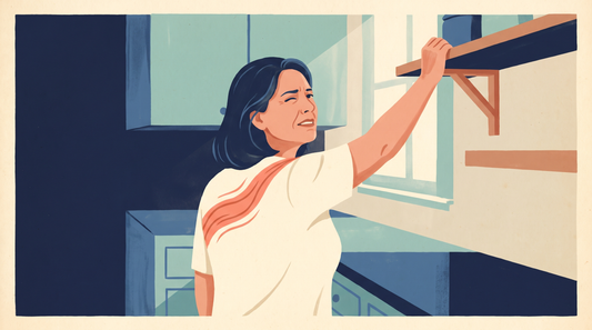 Woman with a stiff shoulder reaching up to a high shelf