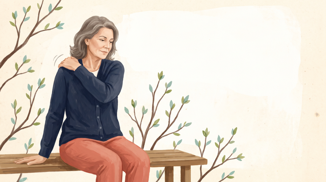 Woman on a garden bench in spring rolling her shoulder