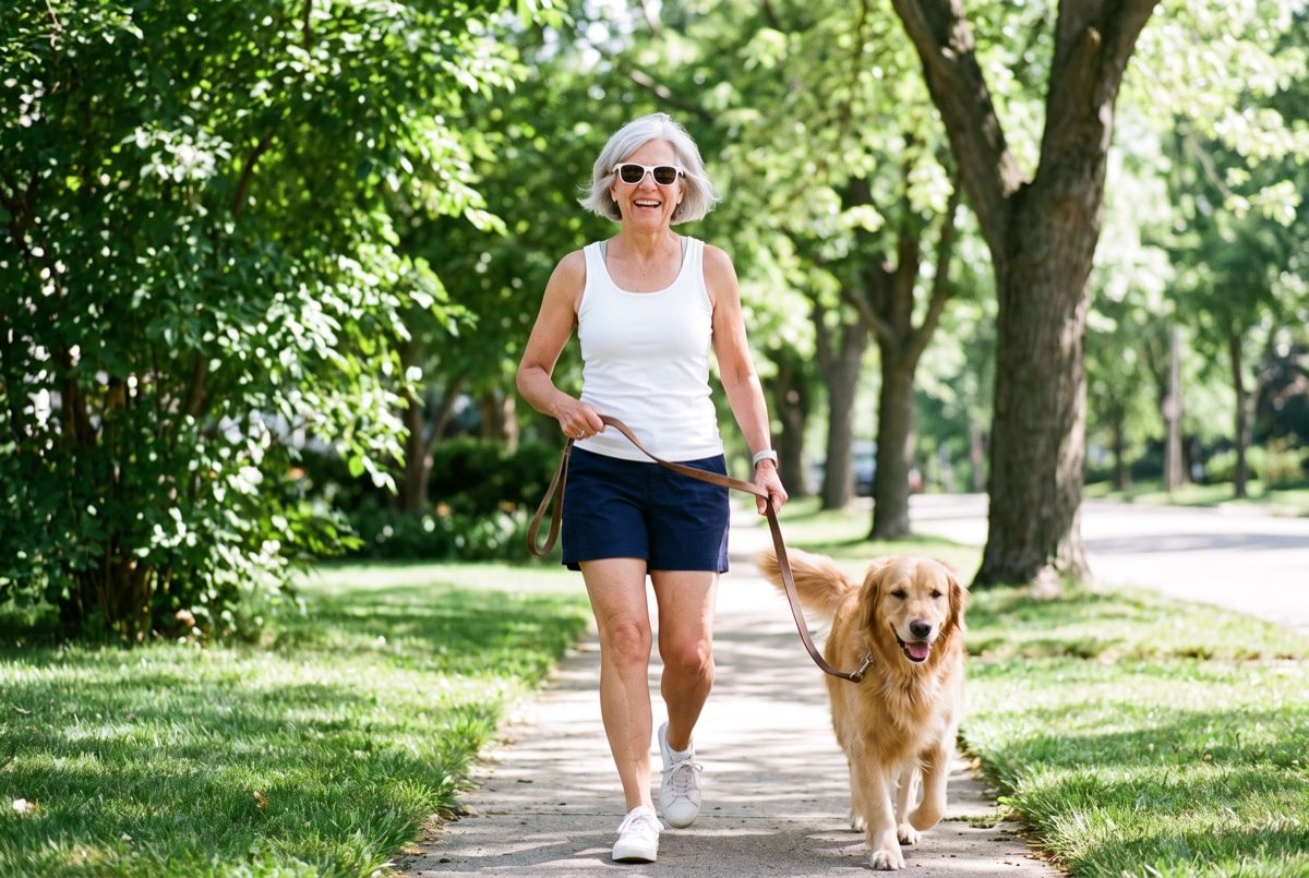 A woman in her 60s walking her dog on a sunny morning